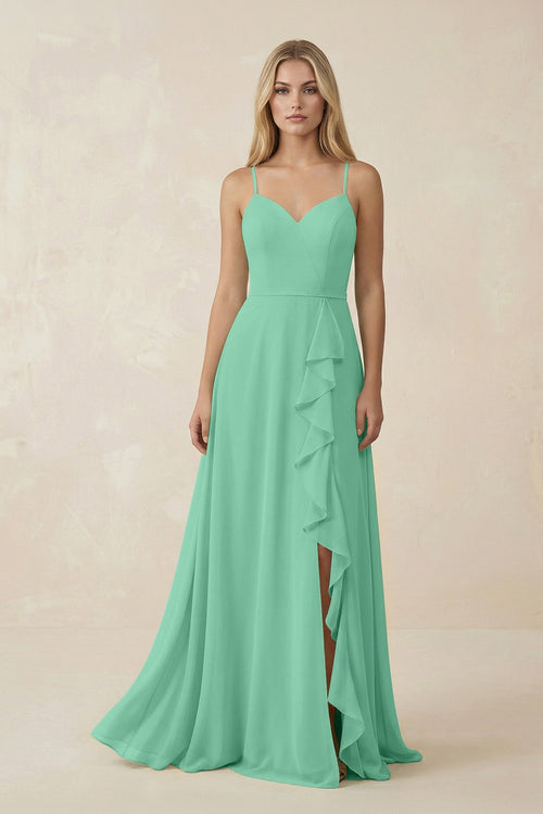 Ruffled Hem A-Line Chiffon Bridesmaid Dress in Turquoise - SHE IS ME BRIDESMAID DRESSES