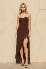 Ruffled High - Low Maxi Dress in Brown - KISS BRIDAL