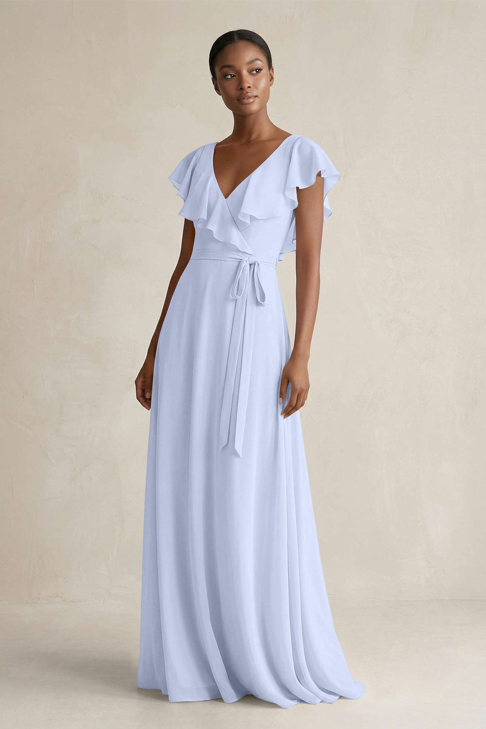 A-Line V-Neck Ruffled Sleeve Chiffon Bridesmaid Dress in Ice - KISS BRIDAL BRIDESMAID DRESSES
