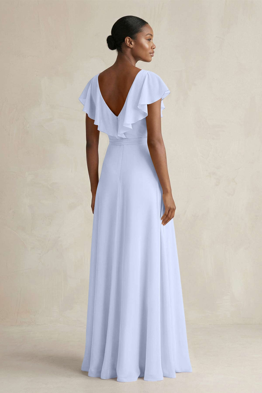 A-Line V-Neck Ruffled Sleeve Chiffon Bridesmaid Dress in Ice - KISS BRIDAL BRIDESMAID DRESSES