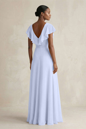 A-Line V-Neck Ruffled Sleeve Chiffon Bridesmaid Dress in Ice - SHE IS ME BRIDESMAID DRESSES