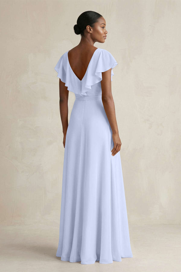 A-Line V-Neck Ruffled Sleeve Chiffon Bridesmaid Dress in Ice - SHE IS ME BRIDESMAID DRESSES