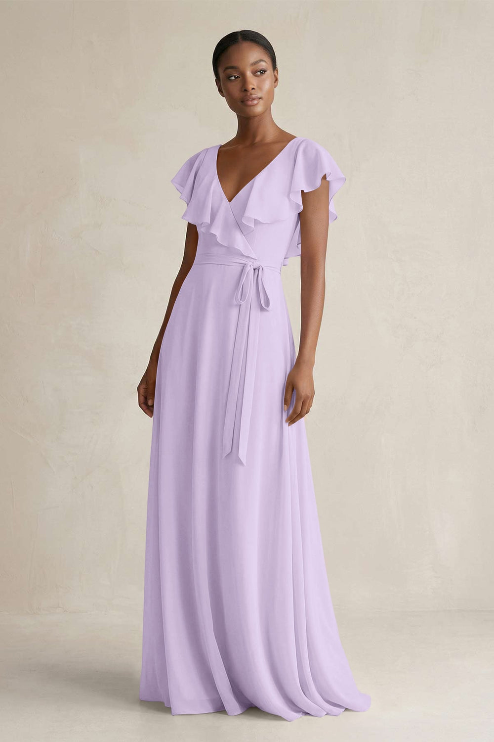 A-Line V-Neck Ruffled Sleeve Chiffon Bridesmaid Dress in Lavender - KISS BRIDAL BRIDESMAID DRESSES