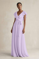 A-Line V-Neck Ruffled Sleeve Chiffon Bridesmaid Dress in Lavender - SHE IS ME BRIDESMAID DRESSES