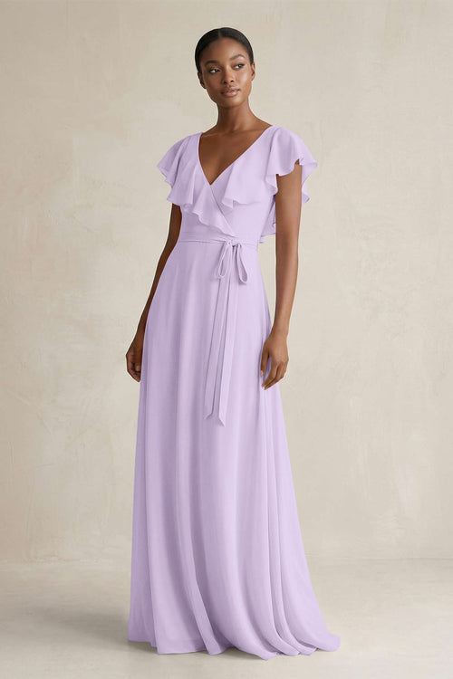 A-Line V-Neck Ruffled Sleeve Chiffon Bridesmaid Dress in Lavender - SHE IS ME BRIDESMAID DRESSES