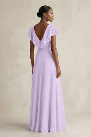 A-Line V-Neck Ruffled Sleeve Chiffon Bridesmaid Dress in Lavender - SHE IS ME BRIDESMAID DRESSES