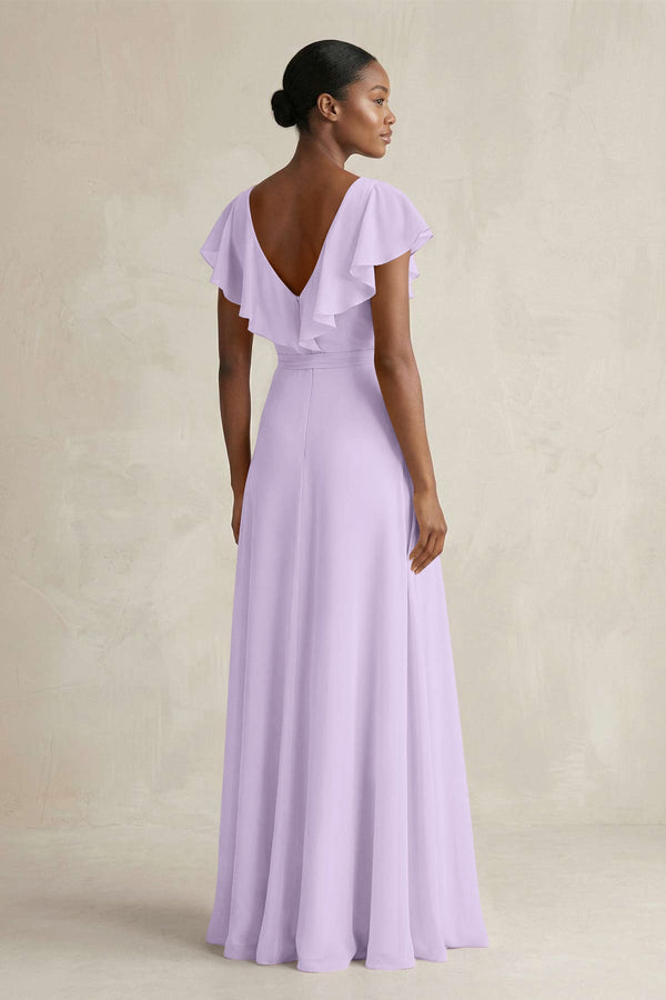 A-Line V-Neck Ruffled Sleeve Chiffon Bridesmaid Dress in Lavender - SHE IS ME BRIDESMAID DRESSES