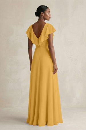 A-Line V-Neck Ruffled Sleeve Chiffon Bridesmaid Dress in Marigold - SHE IS ME BRIDESMAID DRESSES
