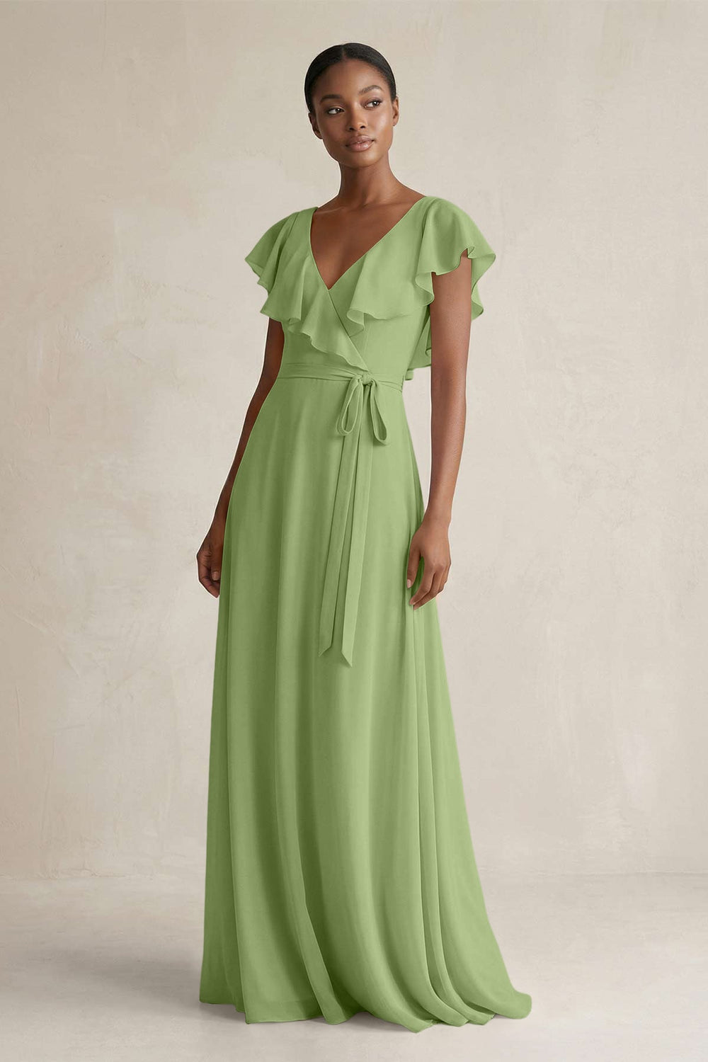 A-Line V-Neck Ruffled Sleeve Chiffon Bridesmaid Dress in Matcha - KISS BRIDAL BRIDESMAID DRESSES