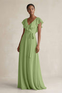 A-Line V-Neck Ruffled Sleeve Chiffon Bridesmaid Dress in Matcha - SHE IS ME BRIDESMAID DRESSES