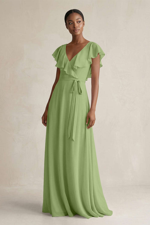 A-Line V-Neck Ruffled Sleeve Chiffon Bridesmaid Dress in Matcha - SHE IS ME BRIDESMAID DRESSES