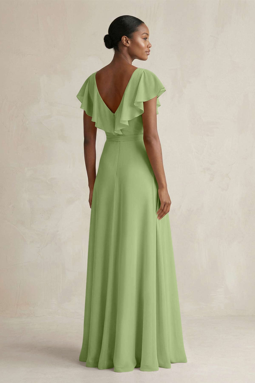 A-Line V-Neck Ruffled Sleeve Chiffon Bridesmaid Dress in Matcha - KISS BRIDAL BRIDESMAID DRESSES