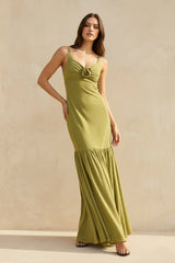 Ruffled Maxi Dress With Flower in Olive - KISS BRIDAL