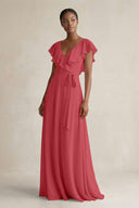 A-Line V-Neck Ruffled Sleeve Chiffon Bridesmaid Dress in Merlot - SHE IS ME BRIDESMAID DRESSES