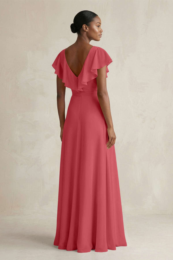 A-Line V-Neck Ruffled Sleeve Chiffon Bridesmaid Dress in Merlot - SHE IS ME BRIDESMAID DRESSES