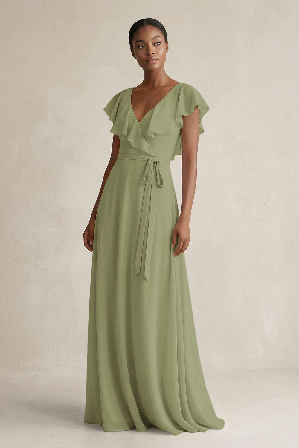 A-Line V-Neck Ruffled Sleeve Chiffon Bridesmaid Dress in Moss Green - KISS BRIDAL BRIDESMAID DRESSES