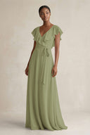 A-Line V-Neck Ruffled Sleeve Chiffon Bridesmaid Dress in Moss Green - SHE IS ME BRIDESMAID DRESSES