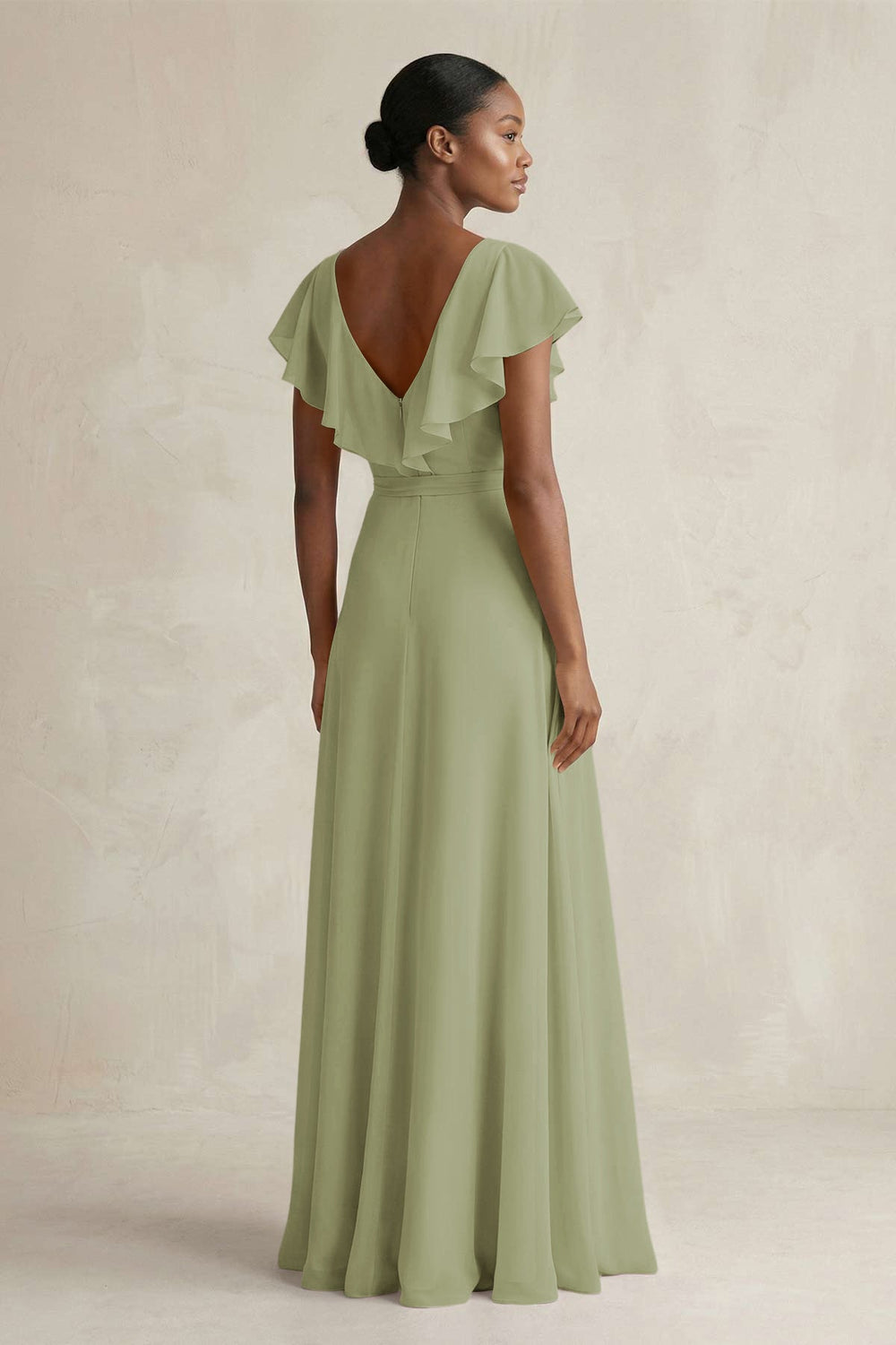 A-Line V-Neck Ruffled Sleeve Chiffon Bridesmaid Dress in Moss Green - KISS BRIDAL BRIDESMAID DRESSES
