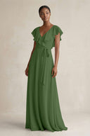 A-Line V-Neck Ruffled Sleeve Chiffon Bridesmaid Dress in Moss - SHE IS ME BRIDESMAID DRESSES