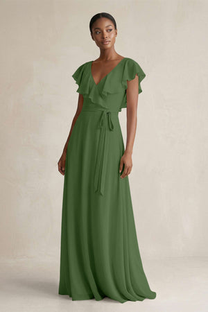 A-Line V-Neck Ruffled Sleeve Chiffon Bridesmaid Dress in Moss - SHE IS ME BRIDESMAID DRESSES