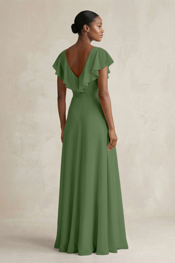 A-Line V-Neck Ruffled Sleeve Chiffon Bridesmaid Dress in Moss - SHE IS ME BRIDESMAID DRESSES