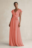 A-Line V-Neck Ruffled Sleeve Chiffon Bridesmaid Dress in Mulberry - SHE IS ME BRIDESMAID DRESSES