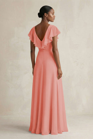 A-Line V-Neck Ruffled Sleeve Chiffon Bridesmaid Dress in Mulberry - SHE IS ME BRIDESMAID DRESSES