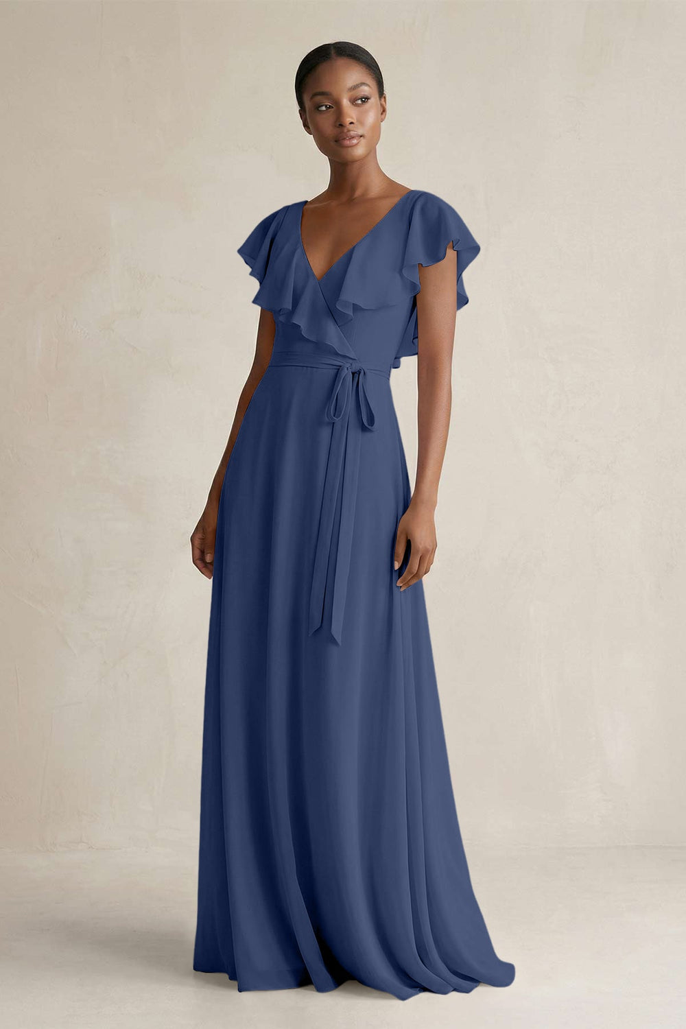 A-Line V-Neck Ruffled Sleeve Chiffon Bridesmaid Dress in Navy - KISS BRIDAL BRIDESMAID DRESSES