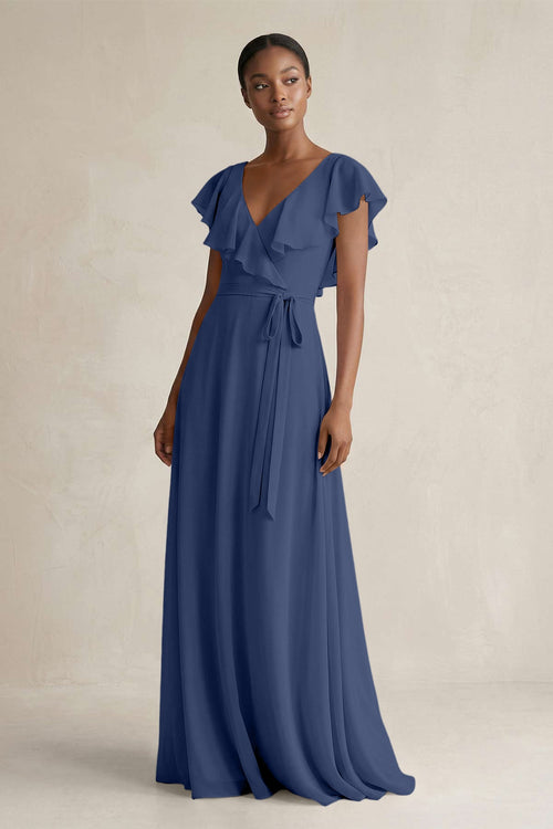 A-Line V-Neck Ruffled Sleeve Chiffon Bridesmaid Dress in Navy - SHE IS ME BRIDESMAID DRESSES