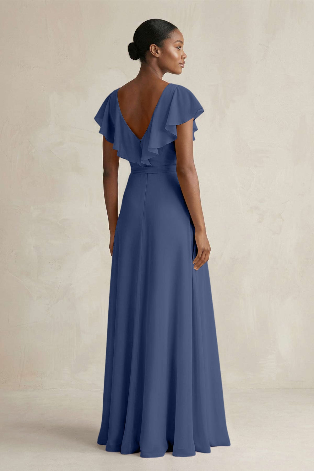 A-Line V-Neck Ruffled Sleeve Chiffon Bridesmaid Dress in Navy - KISS BRIDAL BRIDESMAID DRESSES