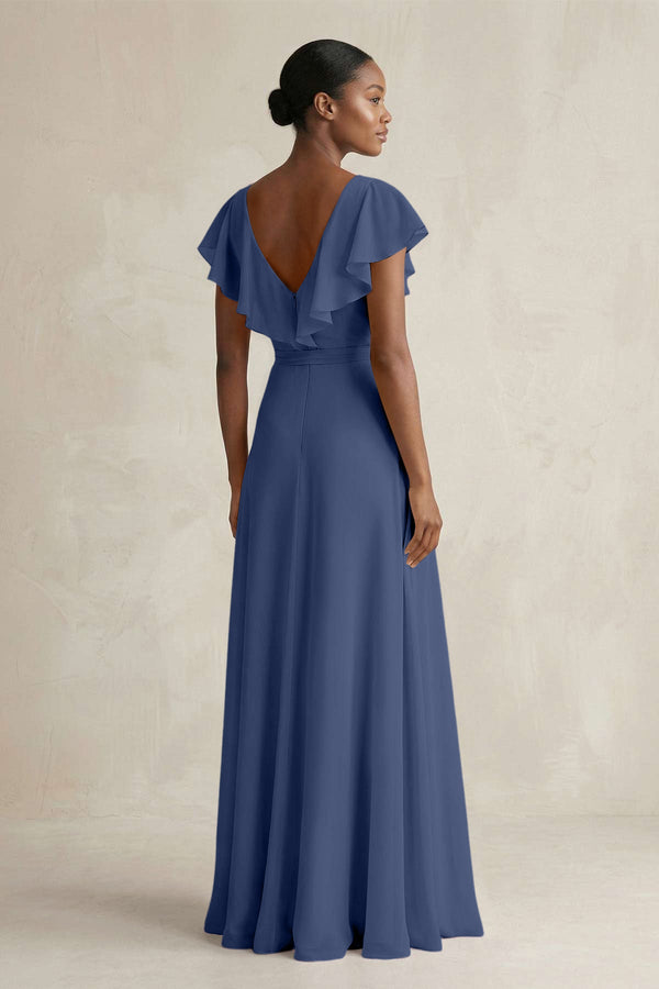 A-Line V-Neck Ruffled Sleeve Chiffon Bridesmaid Dress in Navy - SHE IS ME BRIDESMAID DRESSES