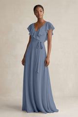A-Line V-Neck Ruffled Sleeve Chiffon Bridesmaid Dress in Neptune - KISS BRIDAL BRIDESMAID DRESSES