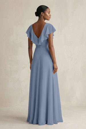 A-Line V-Neck Ruffled Sleeve Chiffon Bridesmaid Dress in Neptune - SHE IS ME BRIDESMAID DRESSES