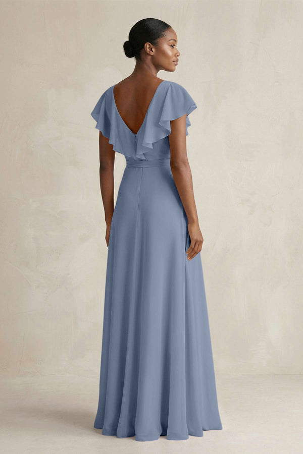 A-Line V-Neck Ruffled Sleeve Chiffon Bridesmaid Dress in Neptune - SHE IS ME BRIDESMAID DRESSES