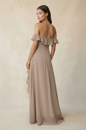 Ruffled Off-the-Shoulder A-Line Chiffon Bridesmaid Dress in Almond (2) | KISSBRIDAL