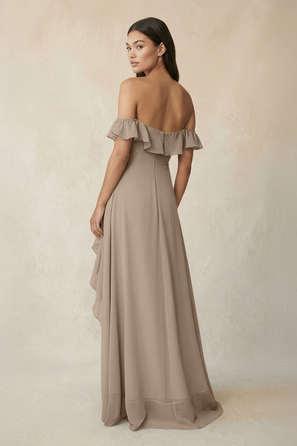 Ruffled Off-the-Shoulder A-Line Chiffon Bridesmaid Dress in Almond (2) | KISSBRIDAL