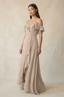 Ruffled Off-the-Shoulder A-Line Chiffon Bridesmaid Dress in Almond - SHE IS ME BRIDESMAID DRESSES