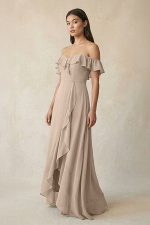 Ruffled Off-the-Shoulder A-Line Chiffon Bridesmaid Dress in Almond - SHE IS ME BRIDESMAID DRESSES