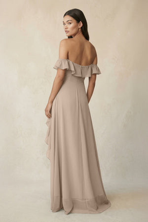 Ruffled Off-the-Shoulder A-Line Chiffon Bridesmaid Dress in Almond - SHE IS ME BRIDESMAID DRESSES