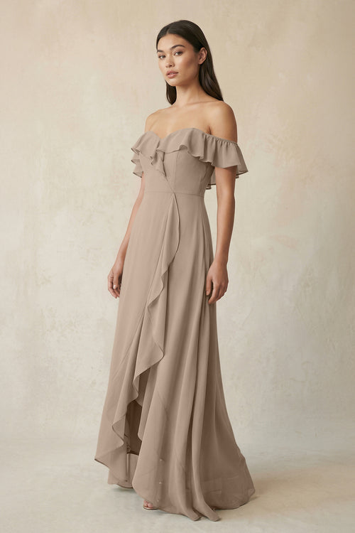 Ruffled Off-the-Shoulder A-Line Chiffon Bridesmaid Dress in Almond | KISSBRIDAL