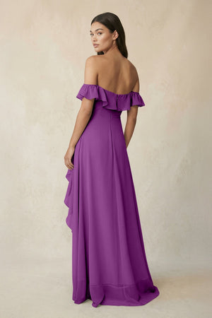 Ruffled Off-the-Shoulder A-Line Chiffon Bridesmaid Dress in Amethyst - SHE IS ME BRIDESMAID DRESSES