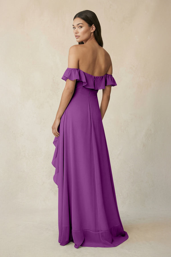 Ruffled Off-the-Shoulder A-Line Chiffon Bridesmaid Dress in Amethyst - SHE IS ME BRIDESMAID DRESSES