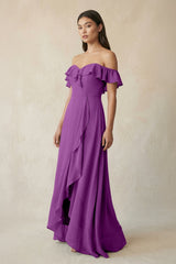 Ruffled Off-the-Shoulder A-Line Chiffon Bridesmaid Dress in Amethyst - KISS BRIDAL BRIDESMAID DRESSES
