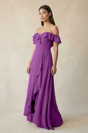 Ruffled Off-the-Shoulder A-Line Chiffon Bridesmaid Dress in Amethyst - SHE IS ME BRIDESMAID DRESSES