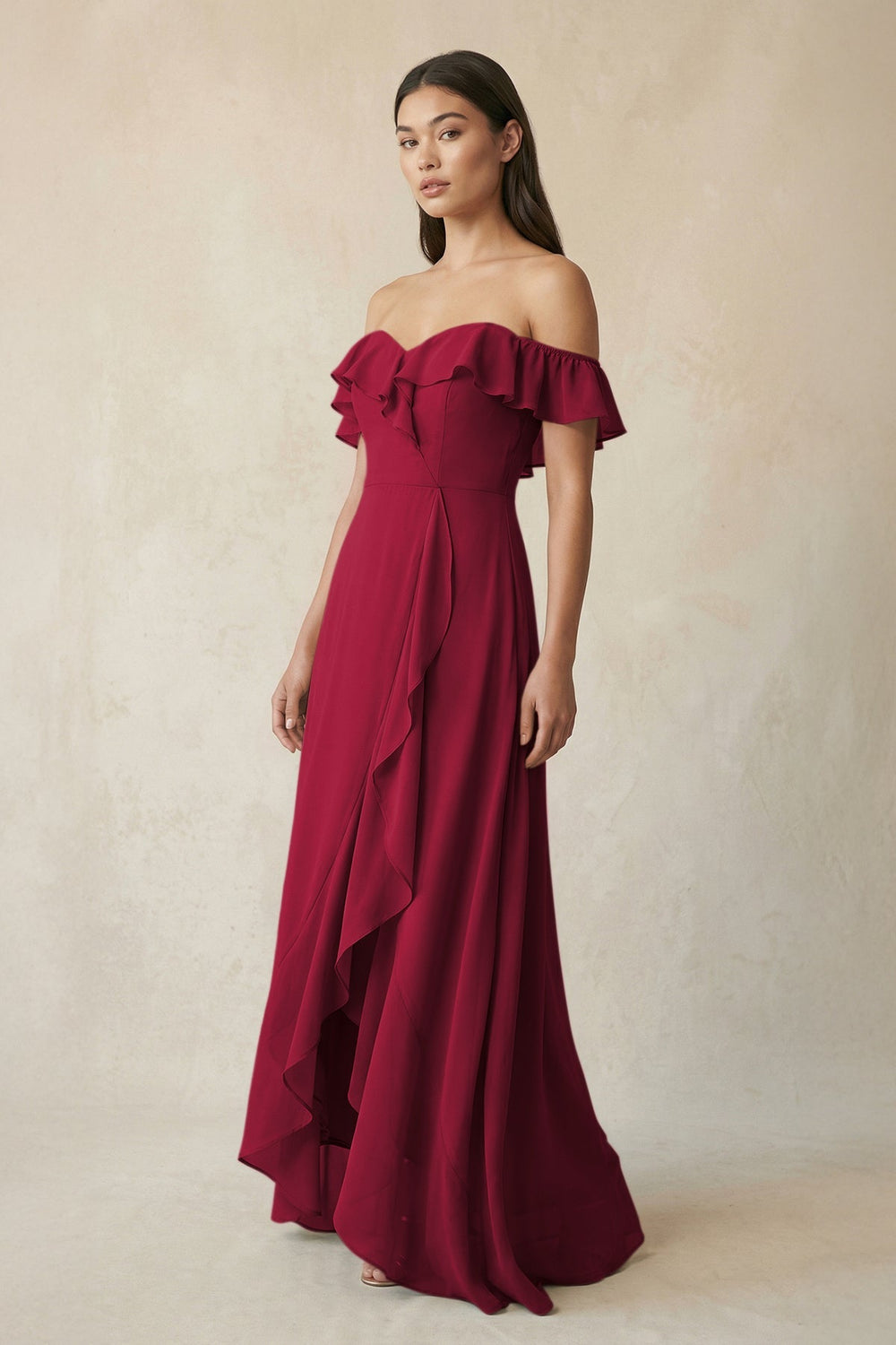 Ruffled Off-the-Shoulder A-Line Chiffon Bridesmaid Dress in Berry - KISS BRIDAL BRIDESMAID DRESSES