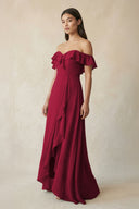 Ruffled Off-the-Shoulder A-Line Chiffon Bridesmaid Dress in Berry - SHE IS ME BRIDESMAID DRESSES