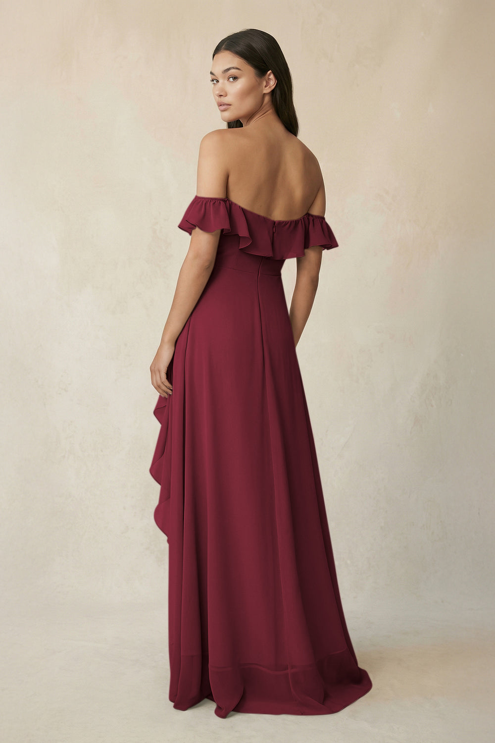Ruffled Off-the-Shoulder A-Line Chiffon Bridesmaid Dress in Berry
