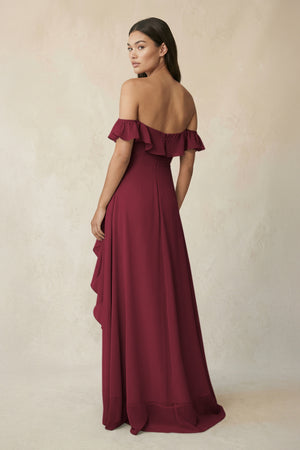 Ruffled Off-the-Shoulder A-Line Chiffon Bridesmaid Dress in Berry (2) | KISSBRIDAL