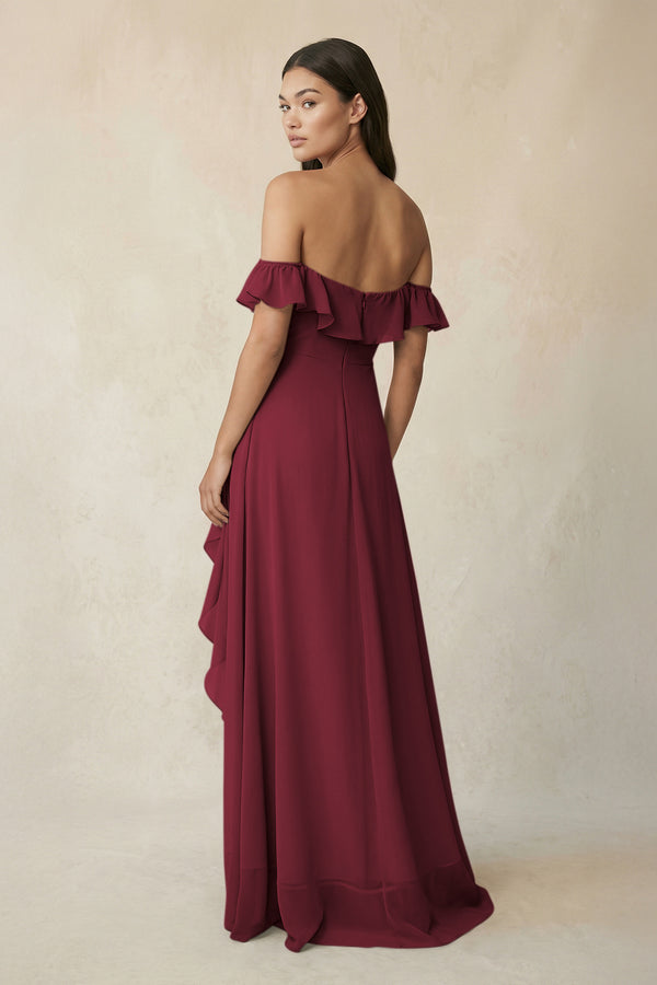 Ruffled Off-the-Shoulder A-Line Chiffon Bridesmaid Dress in Berry (2) | KISSBRIDAL