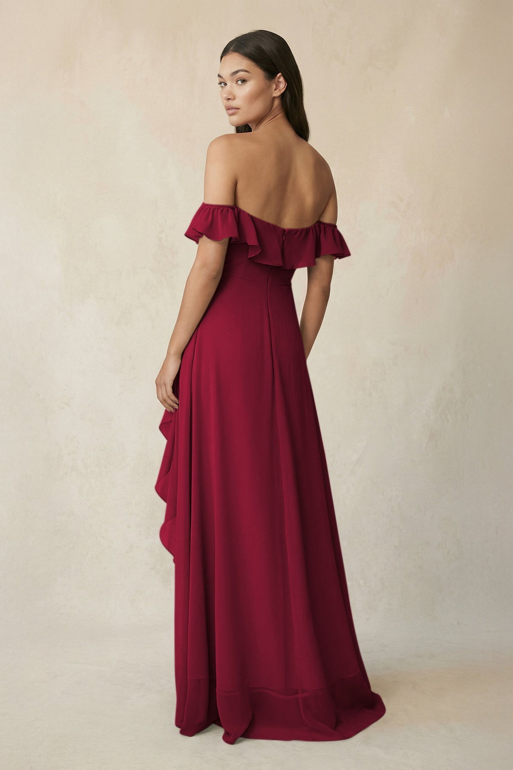 Ruffled Off-the-Shoulder A-Line Chiffon Bridesmaid Dress in Berry - KISS BRIDAL BRIDESMAID DRESSES
